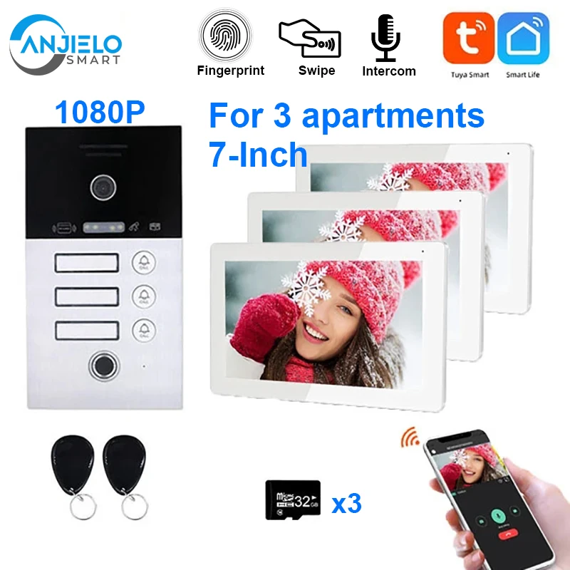 

Tuya Wifi Video Intercom for 3 Unit Apartments 7 Inch Touch Screen 1080P Doorbell Camera with Fingerprint Rfid Video Door Phone