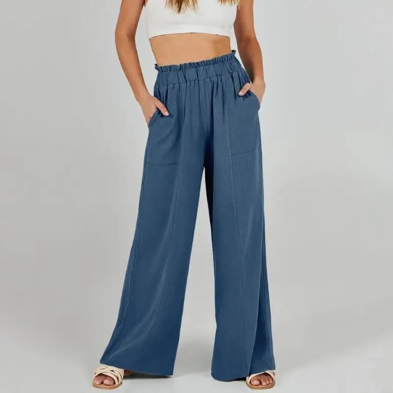 39BC กางเกงลินินผู้หญิงกางเกงขากว้างลำลองหลวมกางเกงเอวสูงกางเกง Flowy
