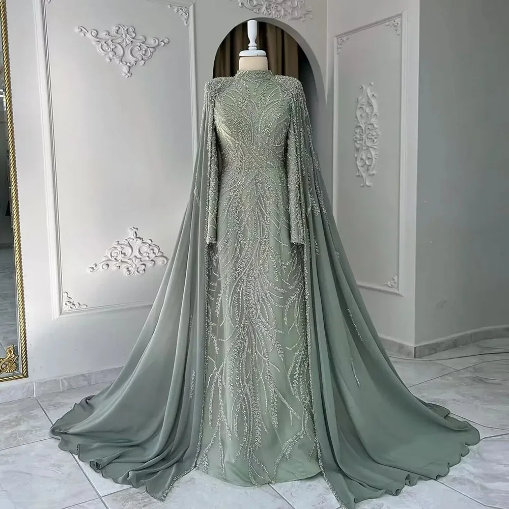 

2024 muslim Sage Green Mermaid Cape Sleeves Beaded Satin Luxury Evening Dresses Gowns for Women Party LA72413