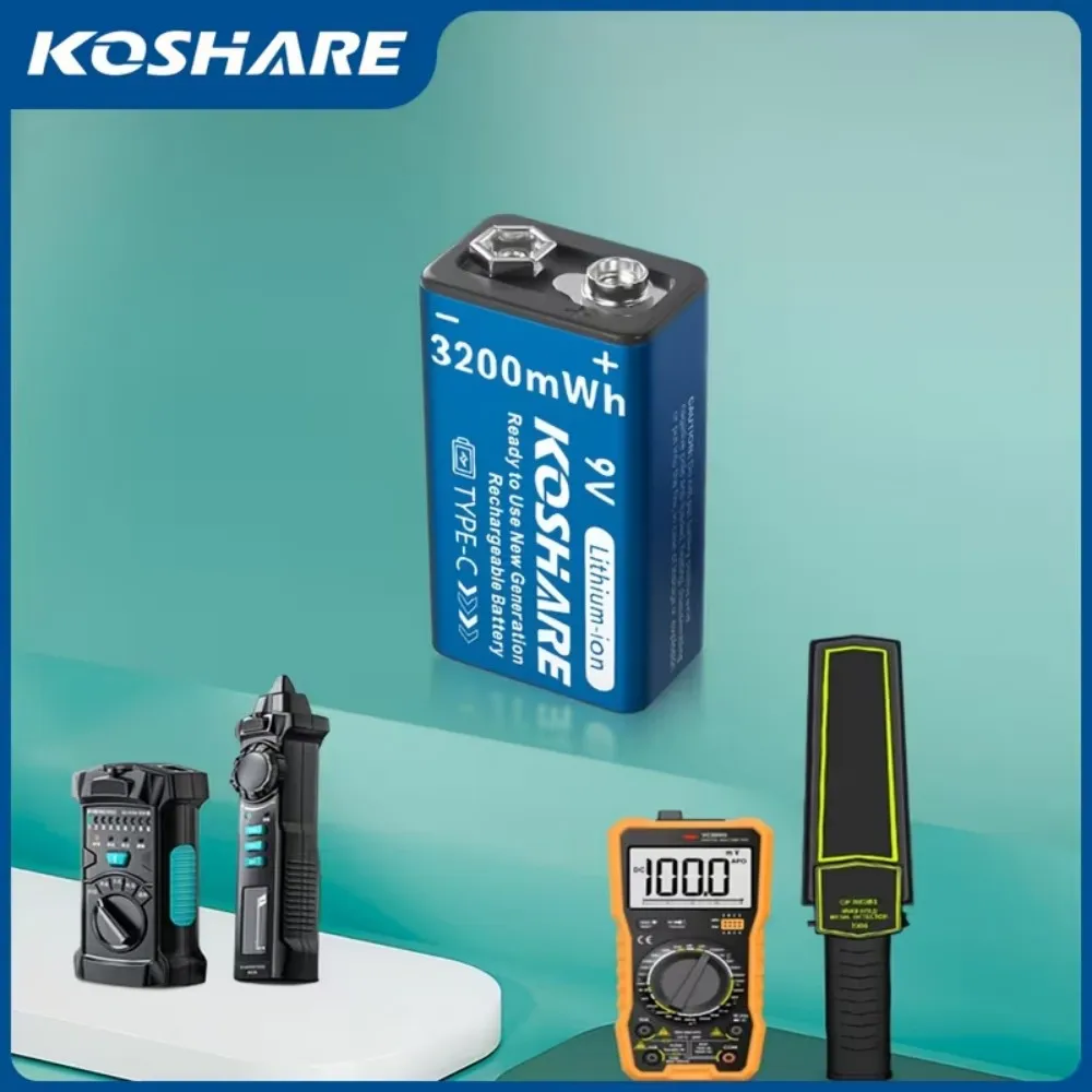 

KOSHARE Rechargeable Battery 9V 3200mWh Type-C High Capacity Lithium Battery for handheld microphones voltage testerswith Cable