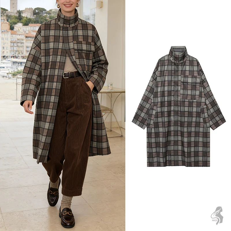 

Woman Clothes Plaid Stand Collar Long Trench Coat For Women Large Pockets Loose Fit Autumn And Winter Casual Workwear Coat