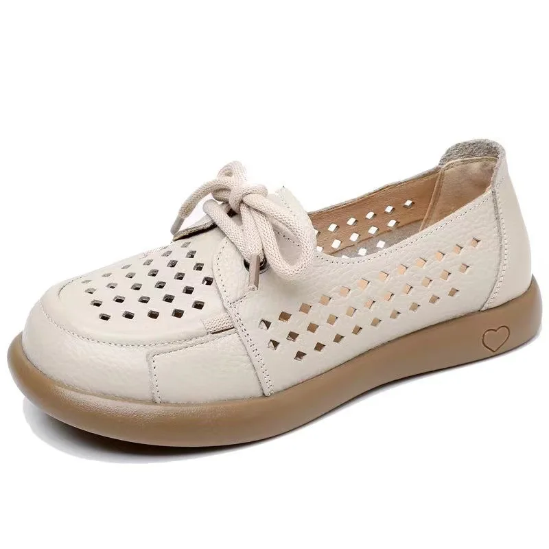 High Quality Women Leather Flat Shoes Low Heel Female Fashion Summer Spring Hole Breathable Flats Ladies Casual Shoes