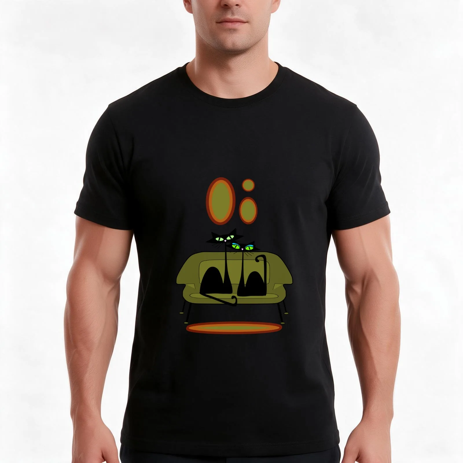 Atomic Cats Couch T-Shirt, Summer Casual Cotton Tee, Oversized Streetwear Tops, Vintage Graphic Print, Loose Fit Short Sleeve