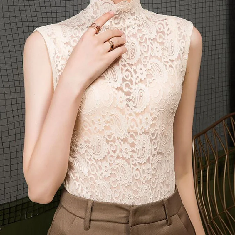 EVNISI Women Warm Bottoming Pullover Tops Elegant Mock Neck Sleeveless Shirt Flower Hollow Out Women lace Blouse Autumn Winter