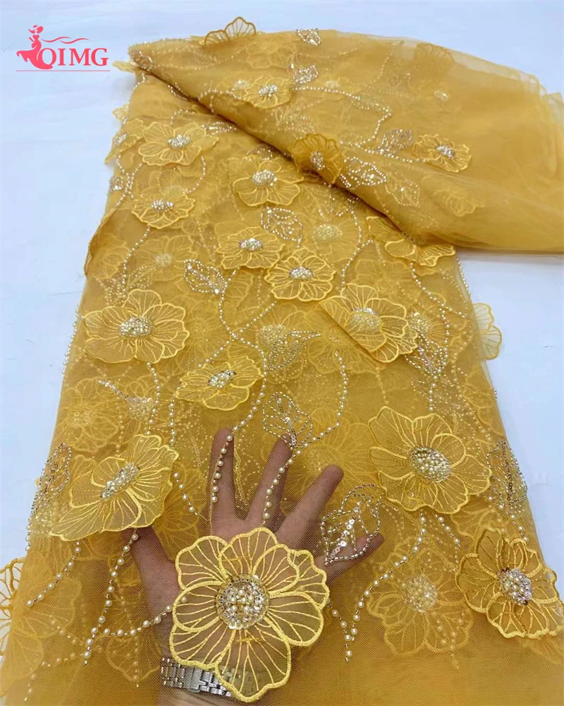 

OIMG Luxury 3D Beaded Tulle Lace Fabric, Embroidered Flower, Nigerian Fabric for Sewing, 5 Yards, Dubai 2024