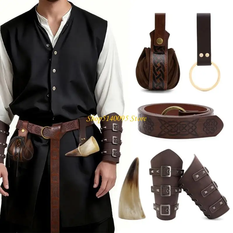 DXAE Hommes Renaissances Costume Halloween Ceinture Pirate Médiévale Corne À Boire Vikinges Costume Accessoires Ensemble pour