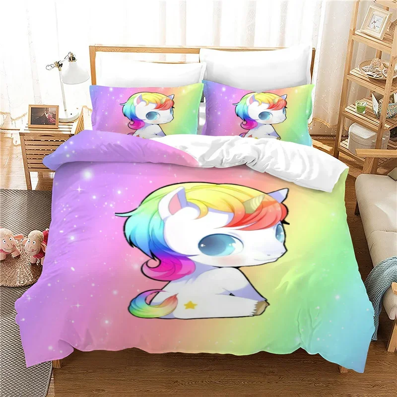 Lovely Unicorn Bedding Set For Kids Winter Duvet Cover Sets Blue Pink Cartoon Boy Girl Bed Linens 2/3 Pcs Ropa De Cama Cartoon