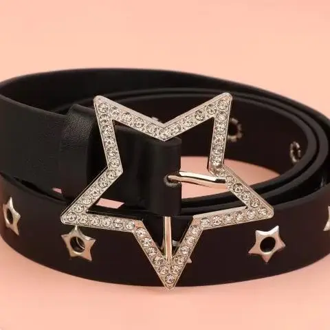 Sabuk Keling Mata Bintang Gesper Pin Ganda Gaya Gotik Ikat Pinggang Kulit Pu Gaya Punk Kasual Fashion Pria/Wanita untuk Jeans Sabuk Y2K