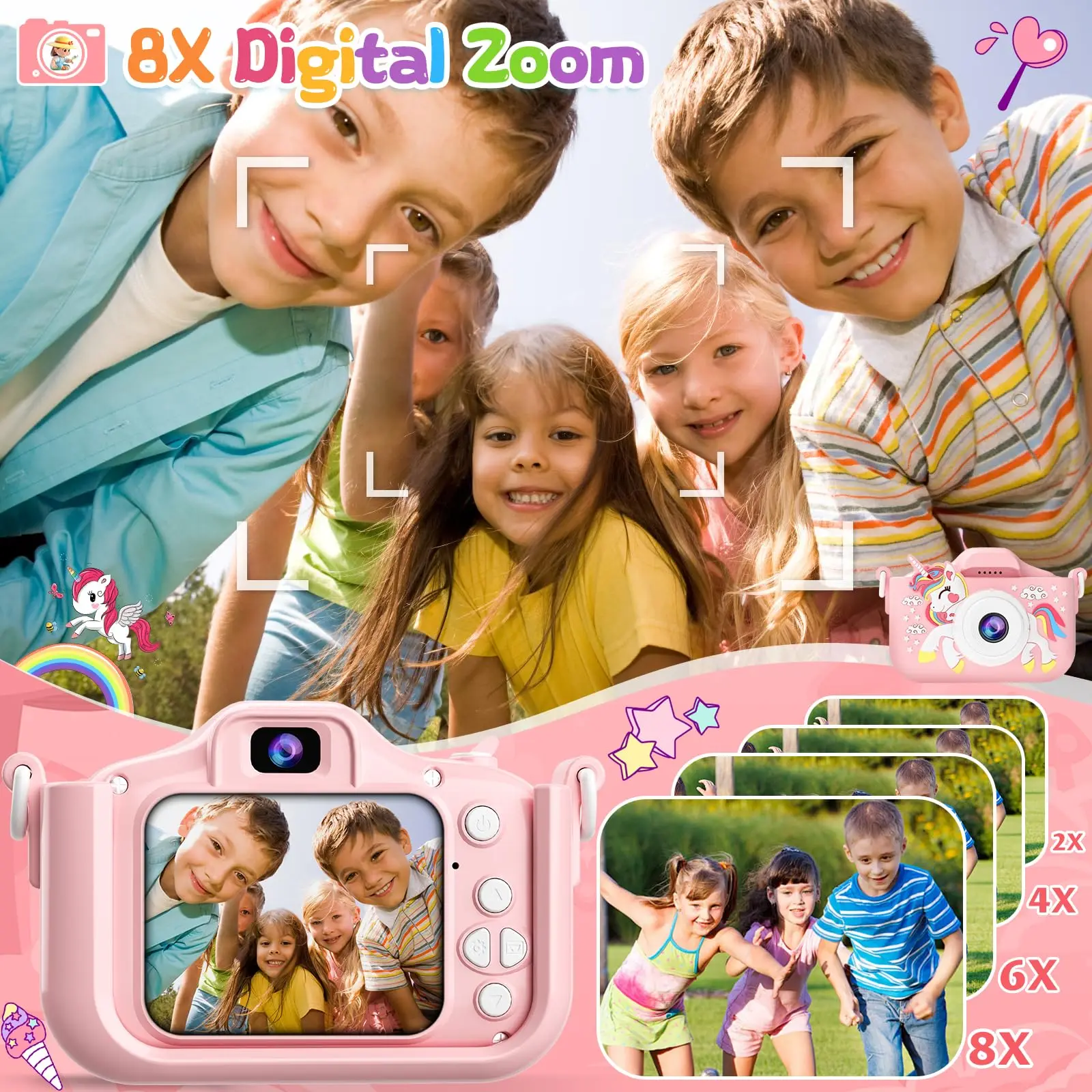 Appareil photo pour enfants avec carte mémoire de 64 Go, résolution 48 MP, enregistrement HD 1080p, cadeau parfait pour les vacances ou les anniversaire pour garçons et filles.