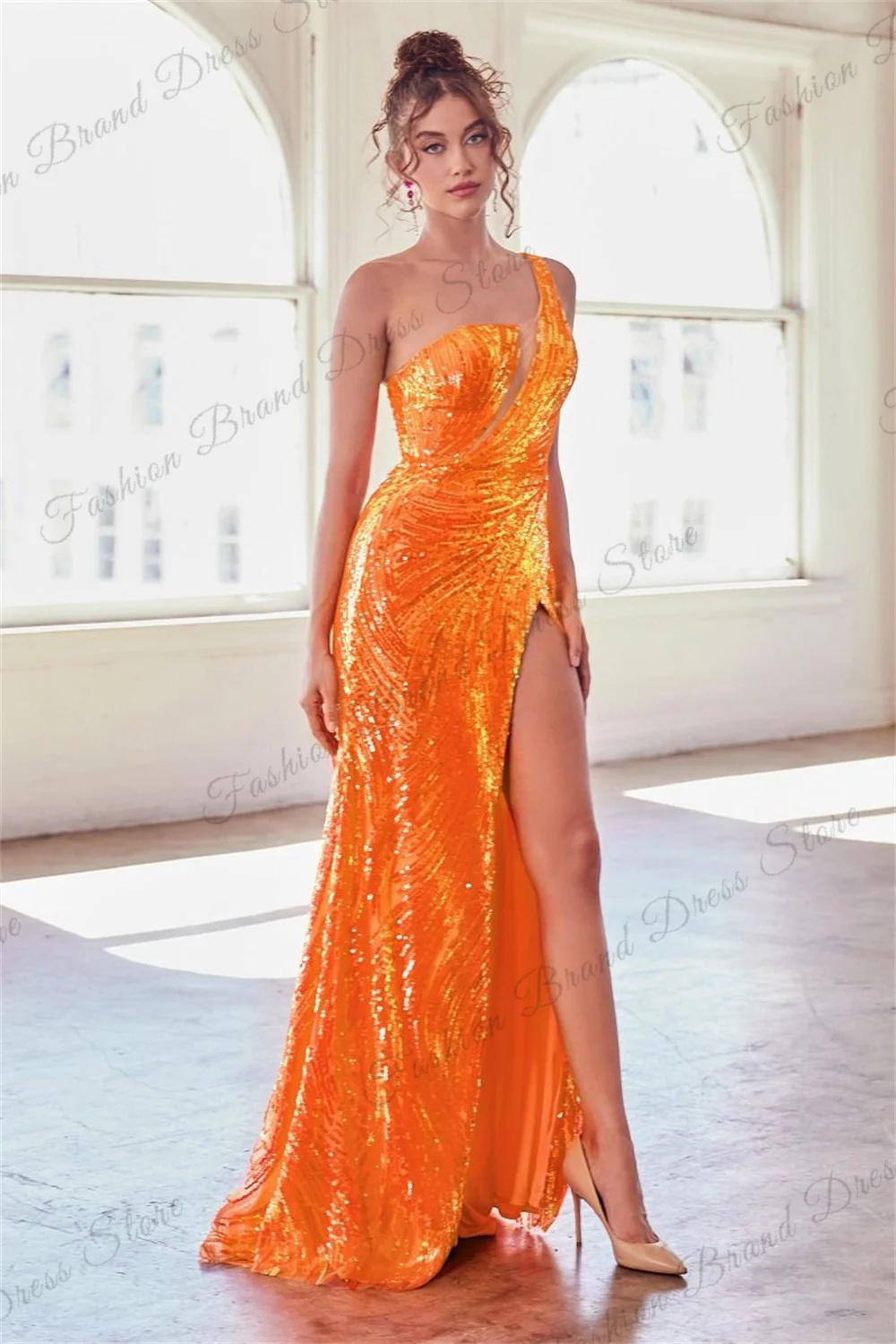 Sexy Sequins One-shoulder Mermaid Prom Dresses With Split Sparkly Sheer Corset Sleeveless Evening Gowns Long Formal Ball Gowns