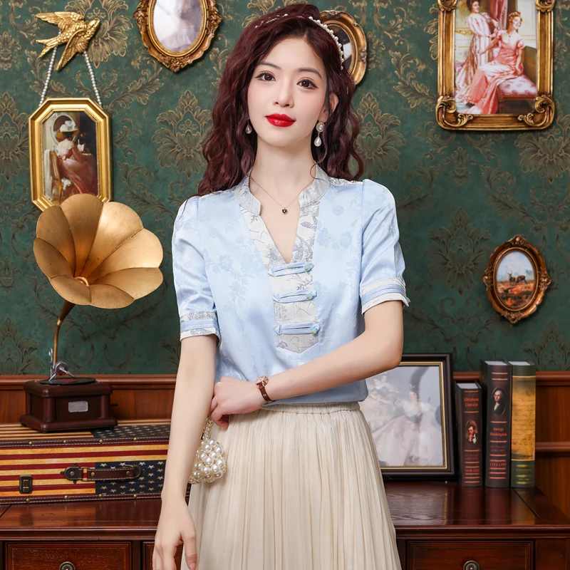 Satin Chinese Style Women\'s Shirt Summer Silk Vintage Blouses Loose Short Sleeves Women Tops V-necks Fashion Clothing