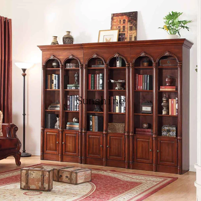 American and European solid wood storage floor-to-ceiling living room whole wall dust-proof display vertical cabinet combination