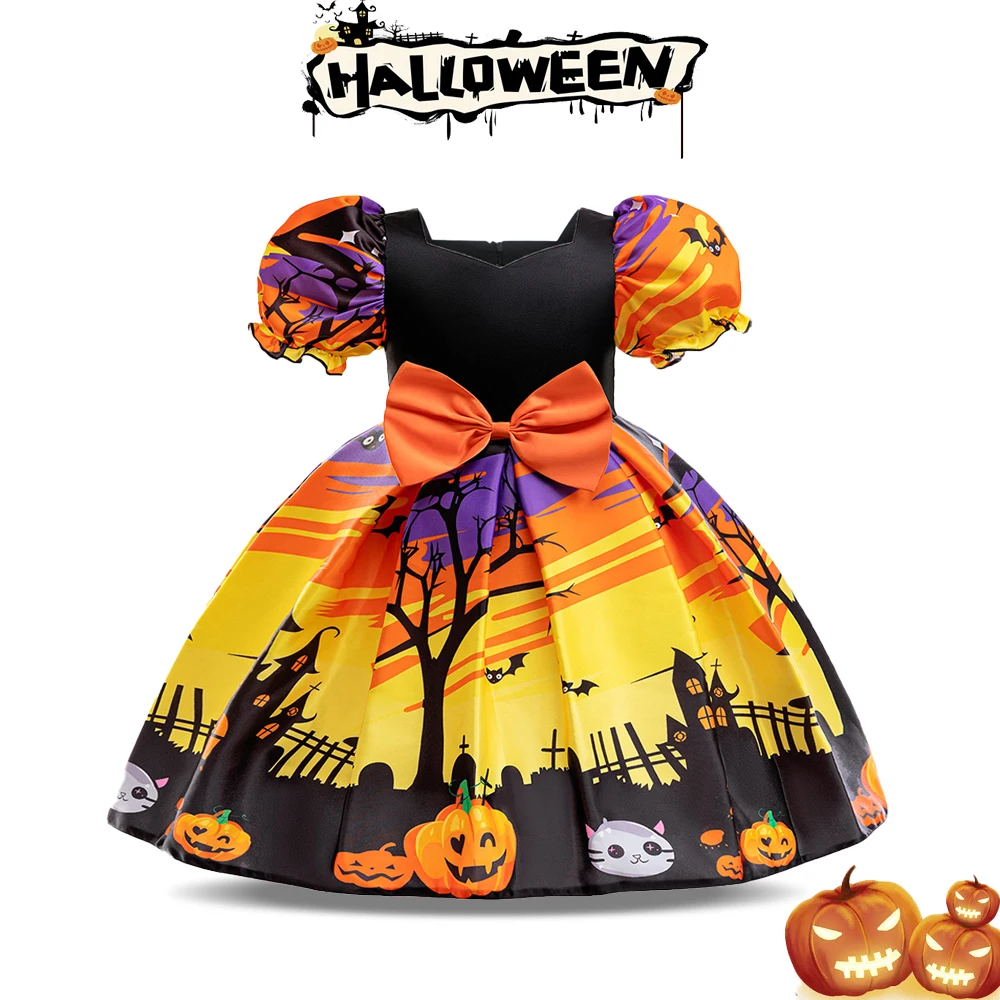 Halloween Pumpkin Bat Printed Costumes for Girl Carnival Party Cosplay Ghost Dress with Bags Gothic Evening Prom Kids Clothes