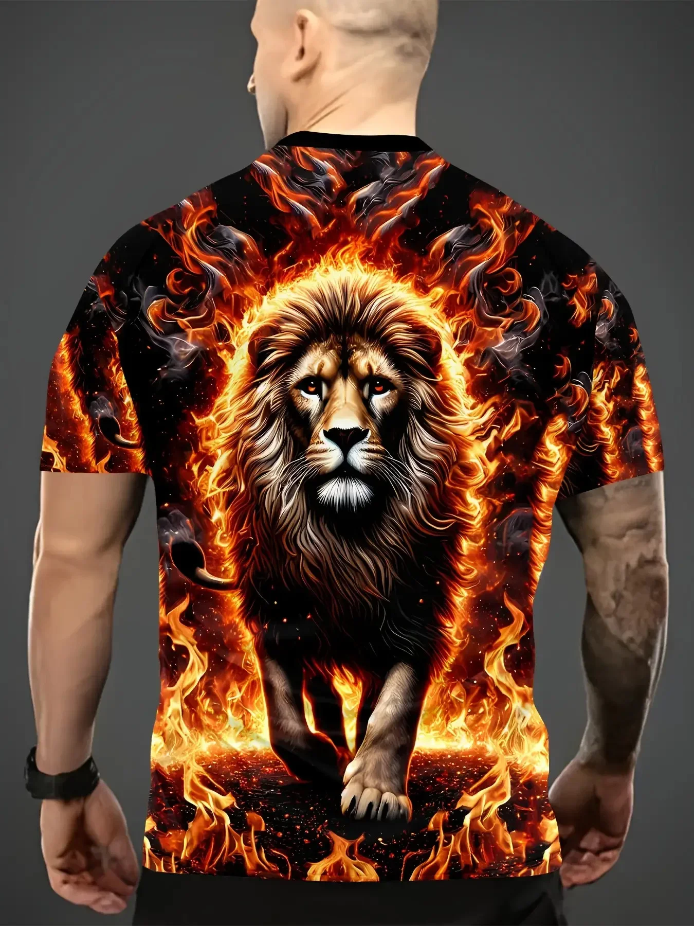 Trend Cool Men's Fire Lion All Over Print T-Shirt Powerful Flame Beast Graphic Short Sleeve Tee Gothic Streetwear