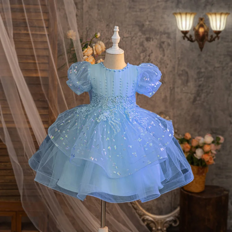 Girls' New Pink White Blue Tutu Wedding Dress Puff Sleeve High-End Dress