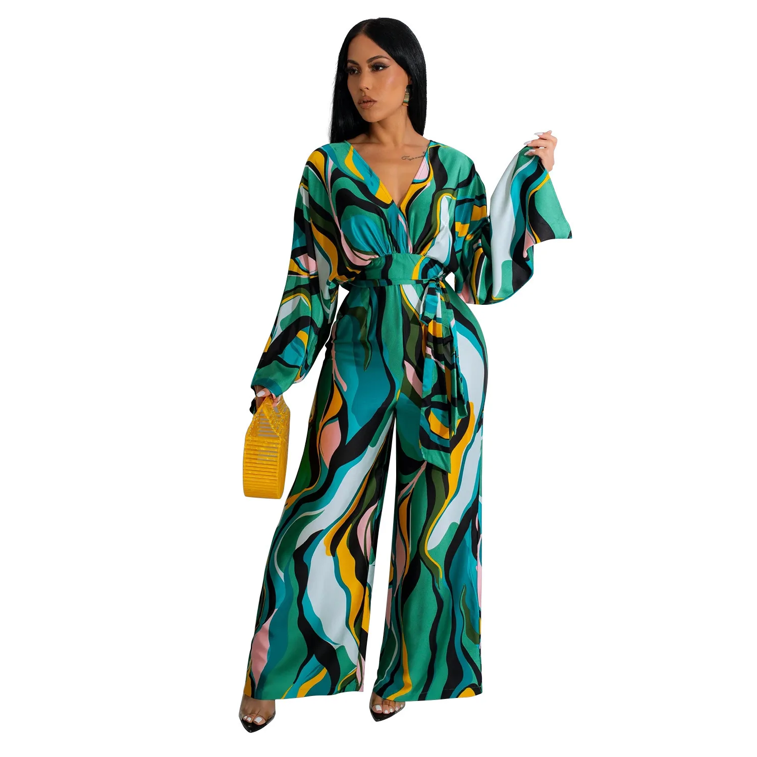 Fashionable V-Neck Print Jumpsuits, Women's Holiday Casual Long Sleeve Lace-Up Wide-Leg Jumpsuits, Trendy Party Style