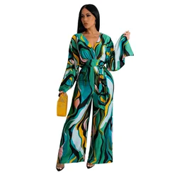 Fashion Women's Loose Jumpsuits Long Sleeve V-Neck Tie High Waist Wide Leg Pants Casual Party Club Style Elegant Resort Jumpsuit