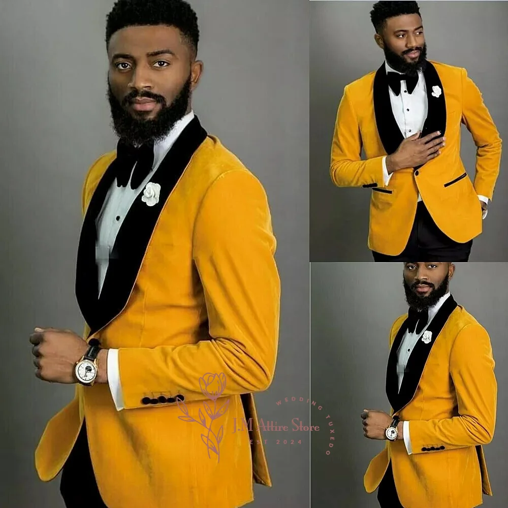 

Fashion Yellow Men's Suits 2PCS Jacket Pants Sets Black Velvet Shawl Lapel Blazer Wedding Groom Graduation Dating Custom Tuxedo