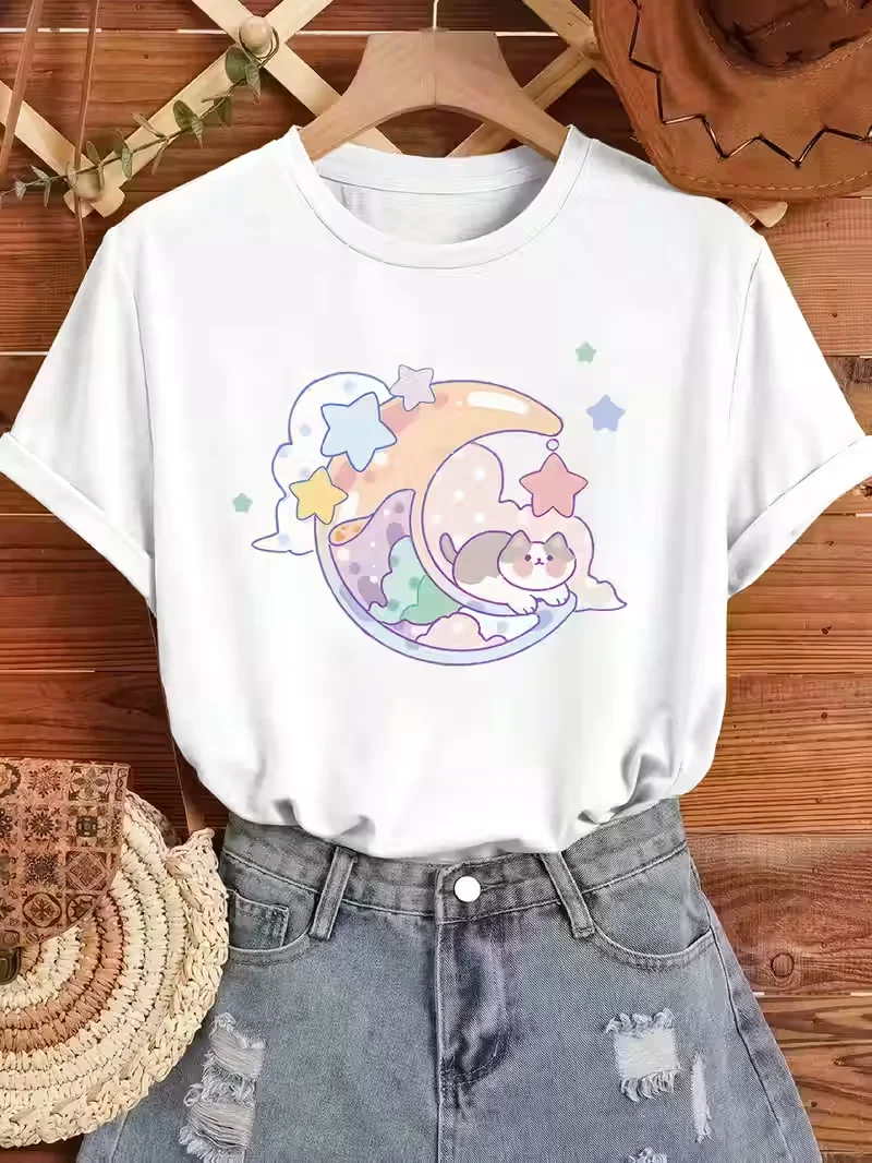 Women Cute Cartoon Cat with Starry Sky Pattern Printed T-shirt Casual Round Neck Short Sleeve Top Casual Summer Women's Clothing