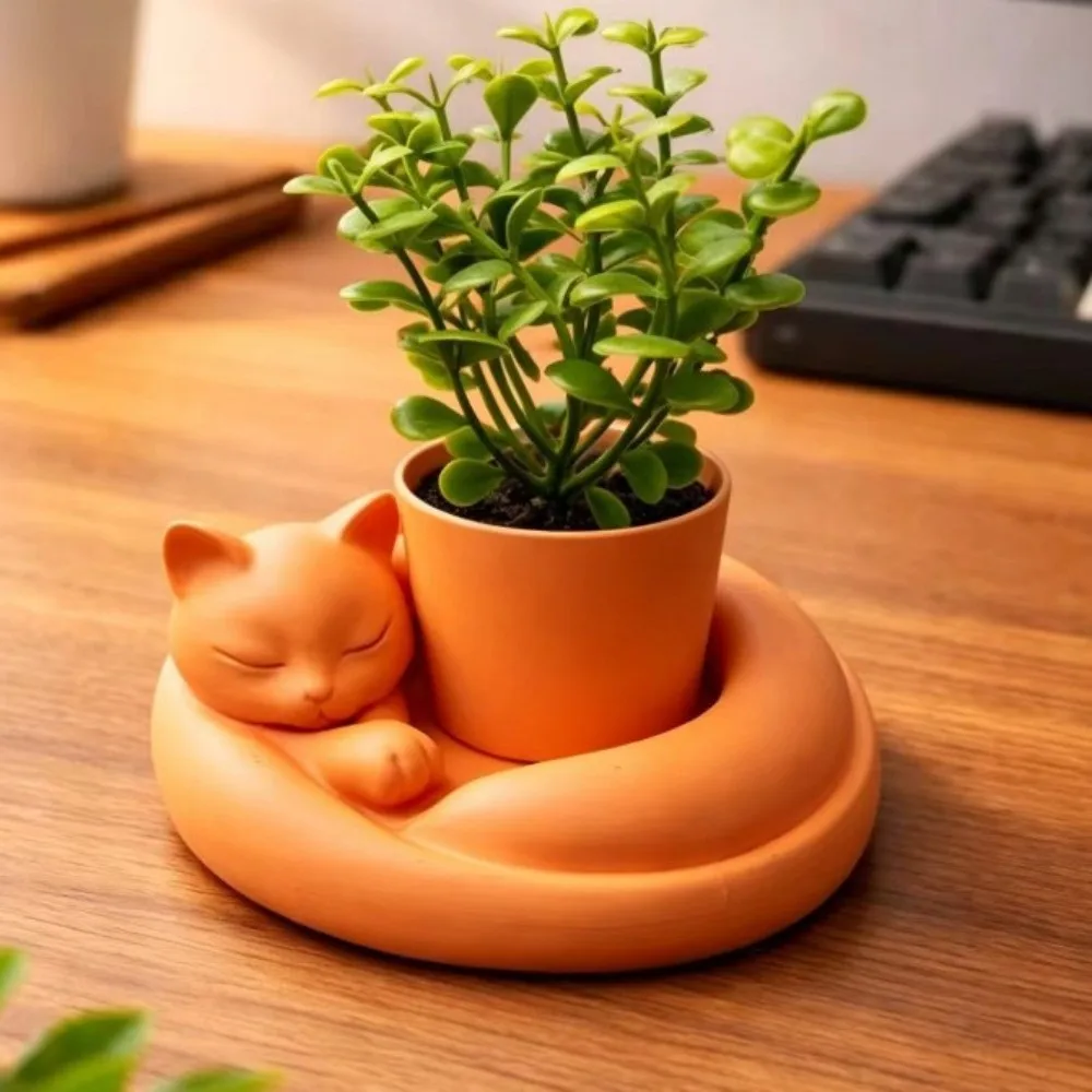 3D Printed Cat Sleeping Flowerpot Uniquely Plastic Animal Shaped Planter Lying Cat Shape Cartoon Cat Desktop Ornament Desktop