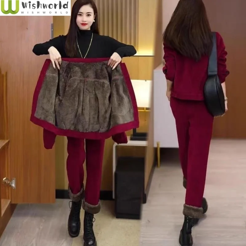 

Winter Plush Thickened Set for Women's New Fashionable Western Style Loose and Slimming Age Reducing and Leisure Two Piece Set