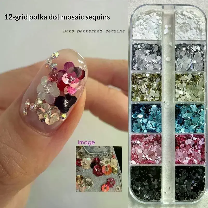12 Grades de Glitter Circular Mini Misto para Unhas, Flores DIY, Lantejoulas Pontilhadas, Acessórios Coloridos e Brilhantes para Decoração de Unhas