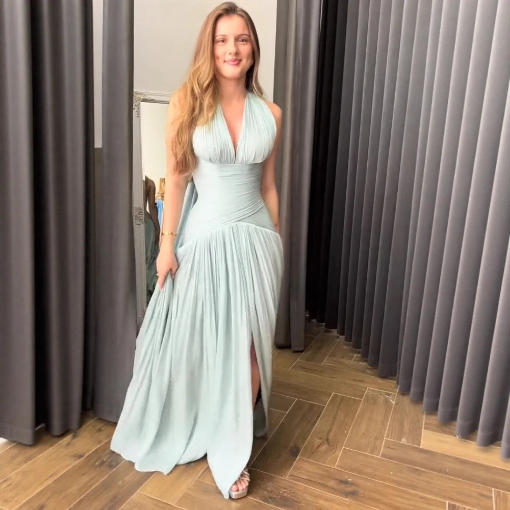 VGH Sexy Patchwork Rückenfreies Kleid für Frauen Neckholder Ärmellos Gespleißt Falten Hohe Taille Schlank Design Maxi Kleider Weibliche Neue