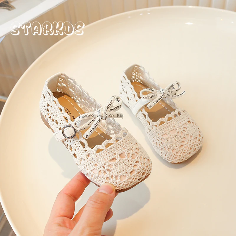 Cute Lace Crochet Ballet Flats For Baby Girls Chic Bowknot Ballerina Shoes Toddler Kids Summer Breathable Hollow Out Loafers