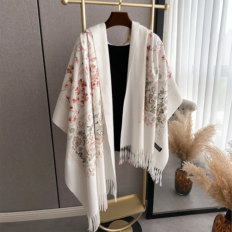 Luxury Women Embroidery Cashmere Scarf Winter Women\'s Warm Pashmina Shawl Paisley Embroidered Thicken Blanket Scarves Wraps