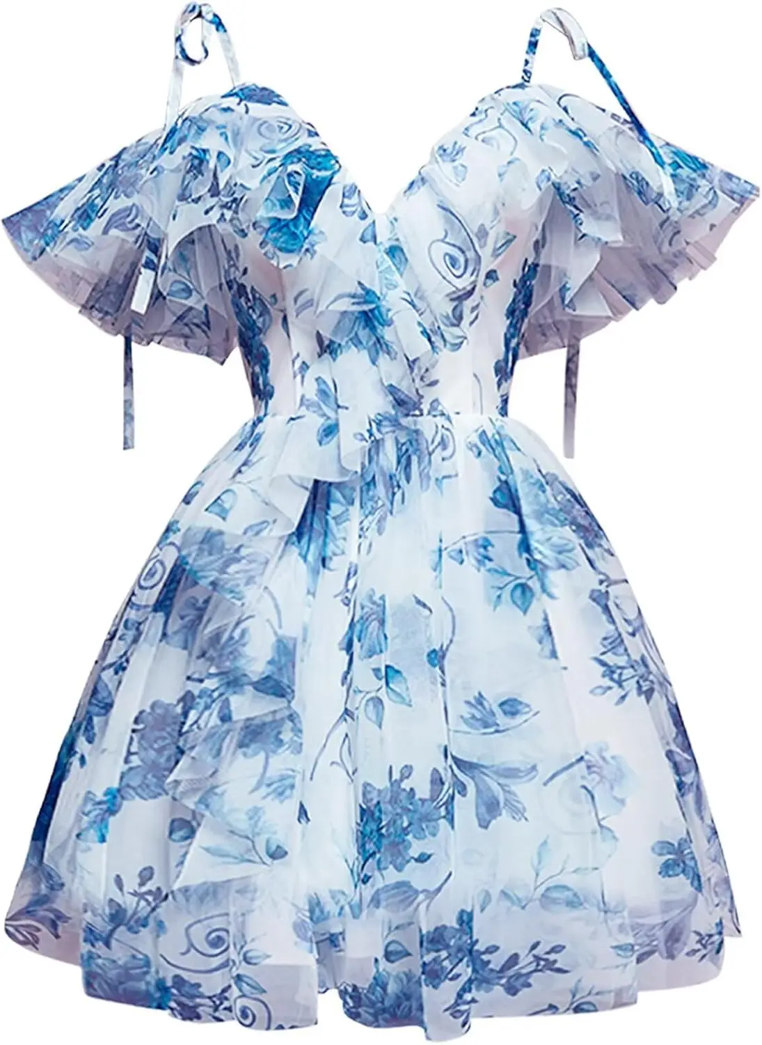 

Spaghetti Strap V Neck Formal Prom Party Gown Floral Print Tulle Short Homecoming Dresses for Teens Cold Shoulder Ruffle