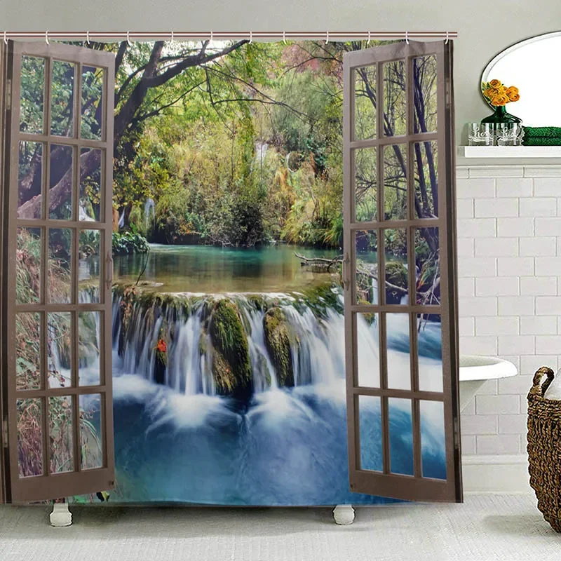 Spring Scenery Winter Landscape Bath Curtains 3d Printing Window Forest Waterfall Shower Curtain Waterproof Cloth Bathroom Decor