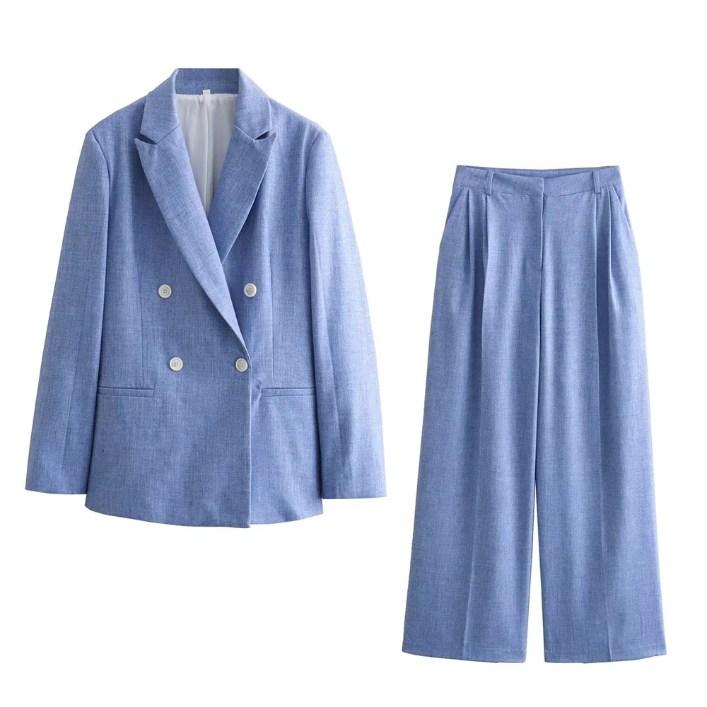 2024 Summer New Product Women\'s Style Versatile with Shoulder Pads Double breasted Suit Coat pleated wide leg pants Casual Set