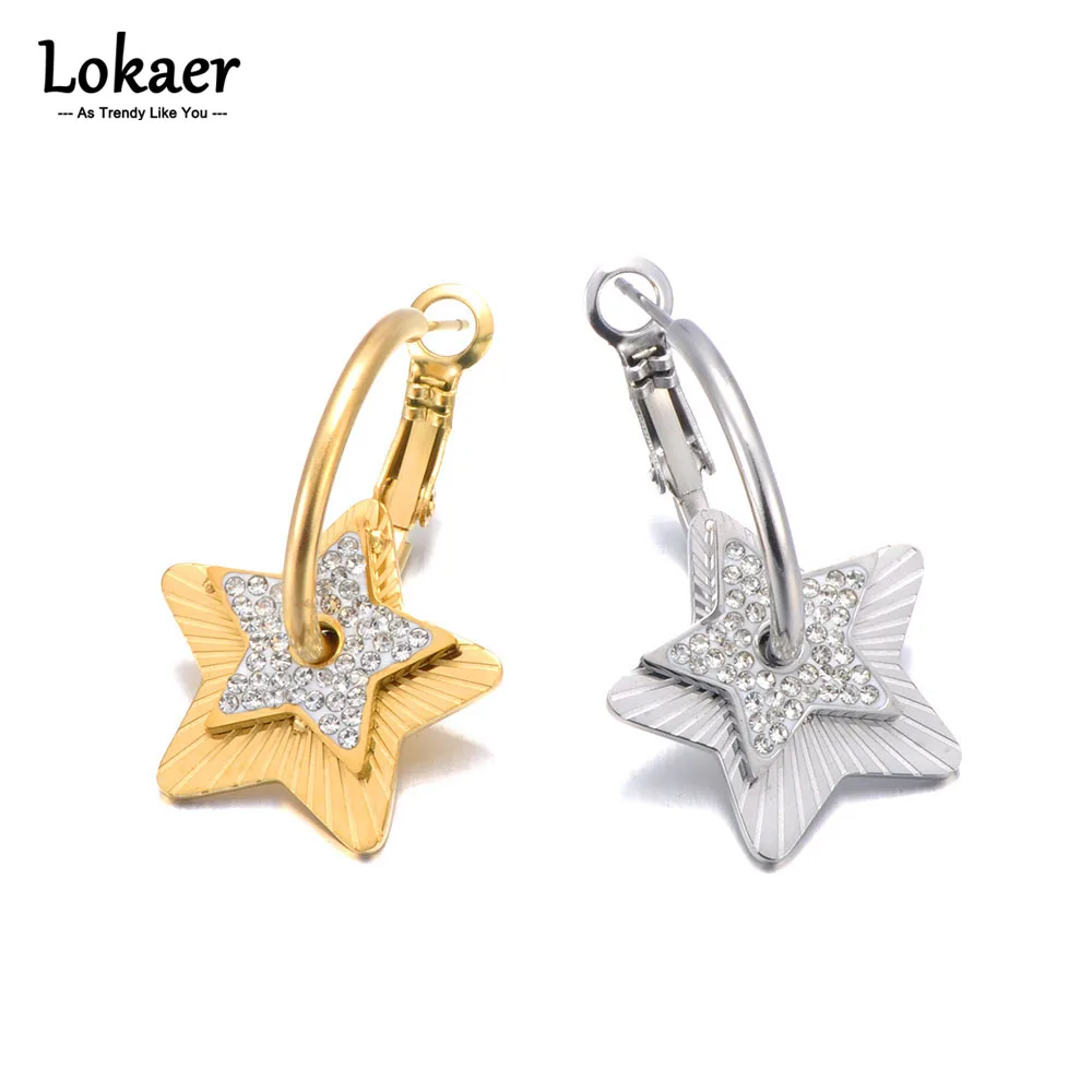 Lokaer Edelstahl Strass Stern Creolen Für Frauen Metall Wasserdicht Gold Farbe Partei Schmuck Kostenloser Versand E23162