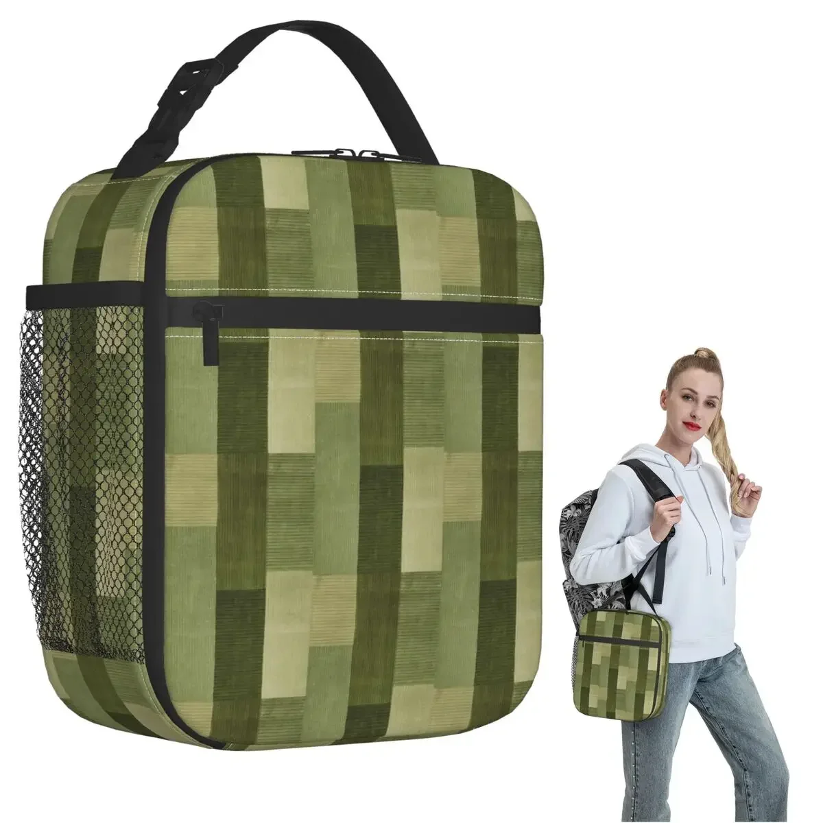 Corduroy Sage Green Pattern Insulated Lunch Bag for Women Kids Portable Food Boxes Thermal Lunch Box Tote