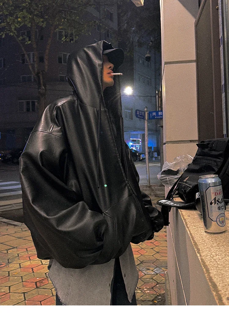 Frühling Herbst Kurze Übergroße Schwarze Weiche PU-Lederjacke für Männer mit Kapuze Reißverschluss Locker Lässig Koreanische Modekleidung – Detail 21