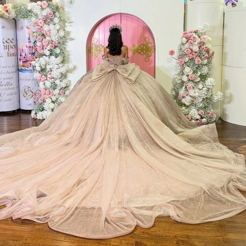 

Платья для церемонии Quinceanera цвета шампань, с открытыми плечами, аппликациями, кружевом, бисером, тюлем, корсетом, для вечеринок, дней рождения, на 16-летие, Vestidos 15 De Anos