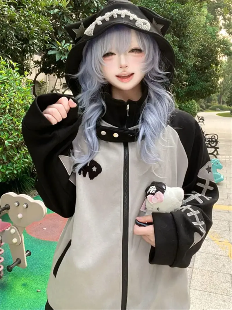 

Осень 2024, японские пальто в стиле Харадзюку с капюшоном, женские толстовки с длинным рукавом и кавайным принтом на молнии, куртка, винтажные повседневные топы