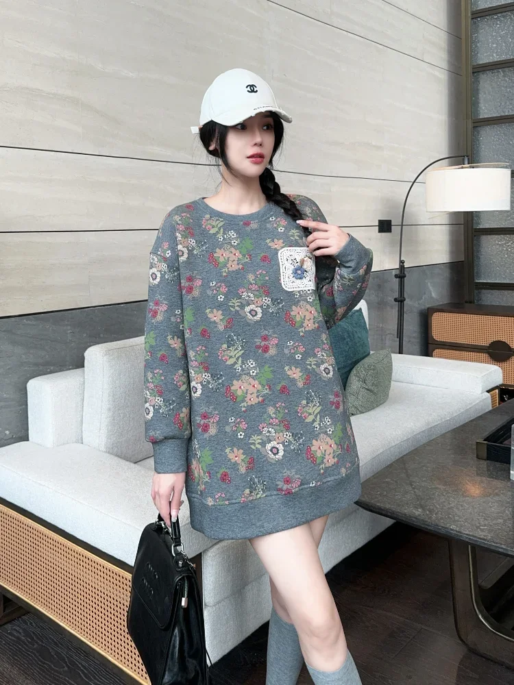 Specially designed Monet garden pattern space cotton dress for women in winter elegant temperament loose fit round neck pullover