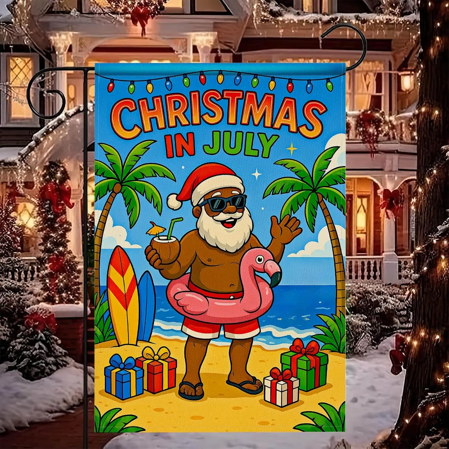HOMETITUTE Christmas in July Black Santa Garden Flag 12x18 Inch Holiday Beach Theme Yard Banner Double Sided Seasonal Outdoo zzo