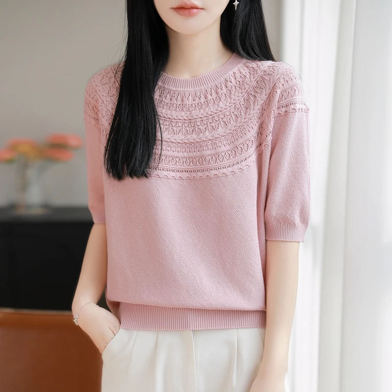 

Sweater T-shirt 100% pure cotton solid color hollow short sleeved summer casual versatile pure cotton knitted top for women tees