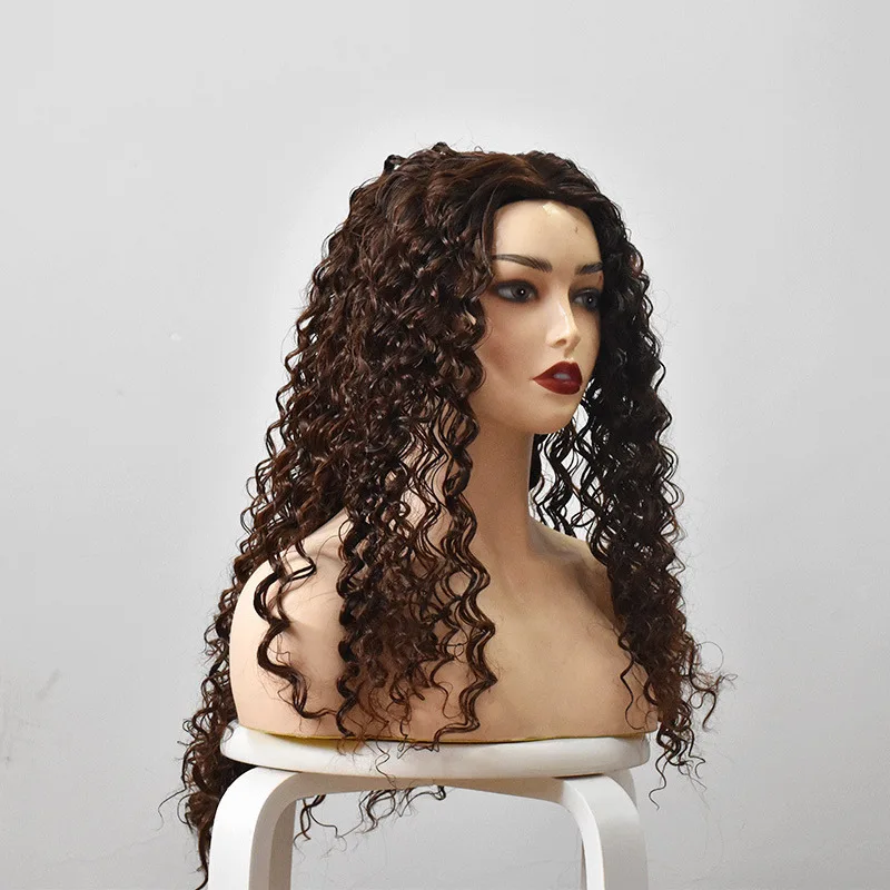 여성용 가발 중간 길이 곱슬머리 중앙 가르마 브라운 아프리칸 작은 컬 고온 실크 가발
