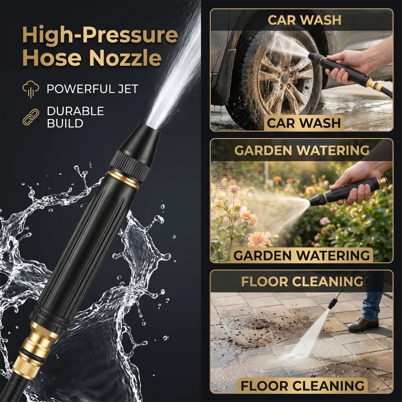 Adjustable High Pressure Water Spray Nozzle Aluminum Alloy Car Wash Hose Gun 3 Spray Modes Jet Shower Mist Brass Connector Leakproof Garden Watering Cleaning Sprayer