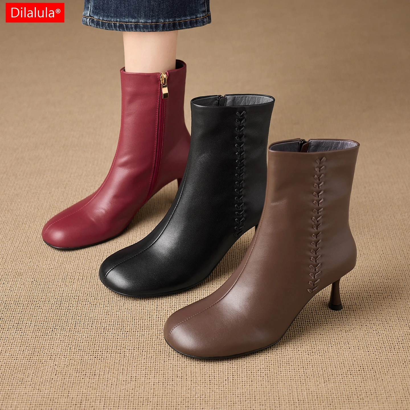 Dilalula 2027 Real Cow Leather Women's Round Toe Ankle Boots Leaf Embroidery Thin Stiletto Heel Party Dating Booties Young Women