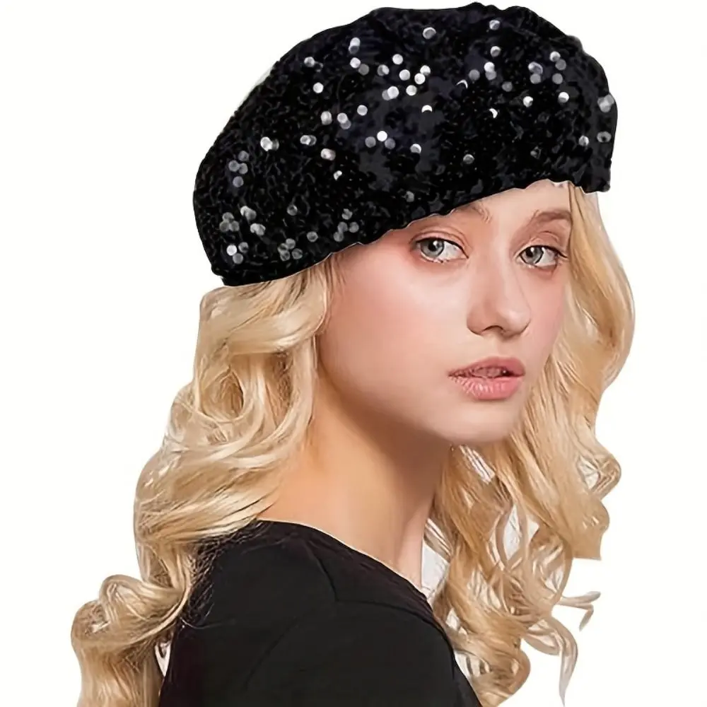 Fashion Chic Glitter Beanie Cap Solid Color Retro Women's Sequin Beret Octagonal Shape Sparkling Shiny Painter Hat Costume Party