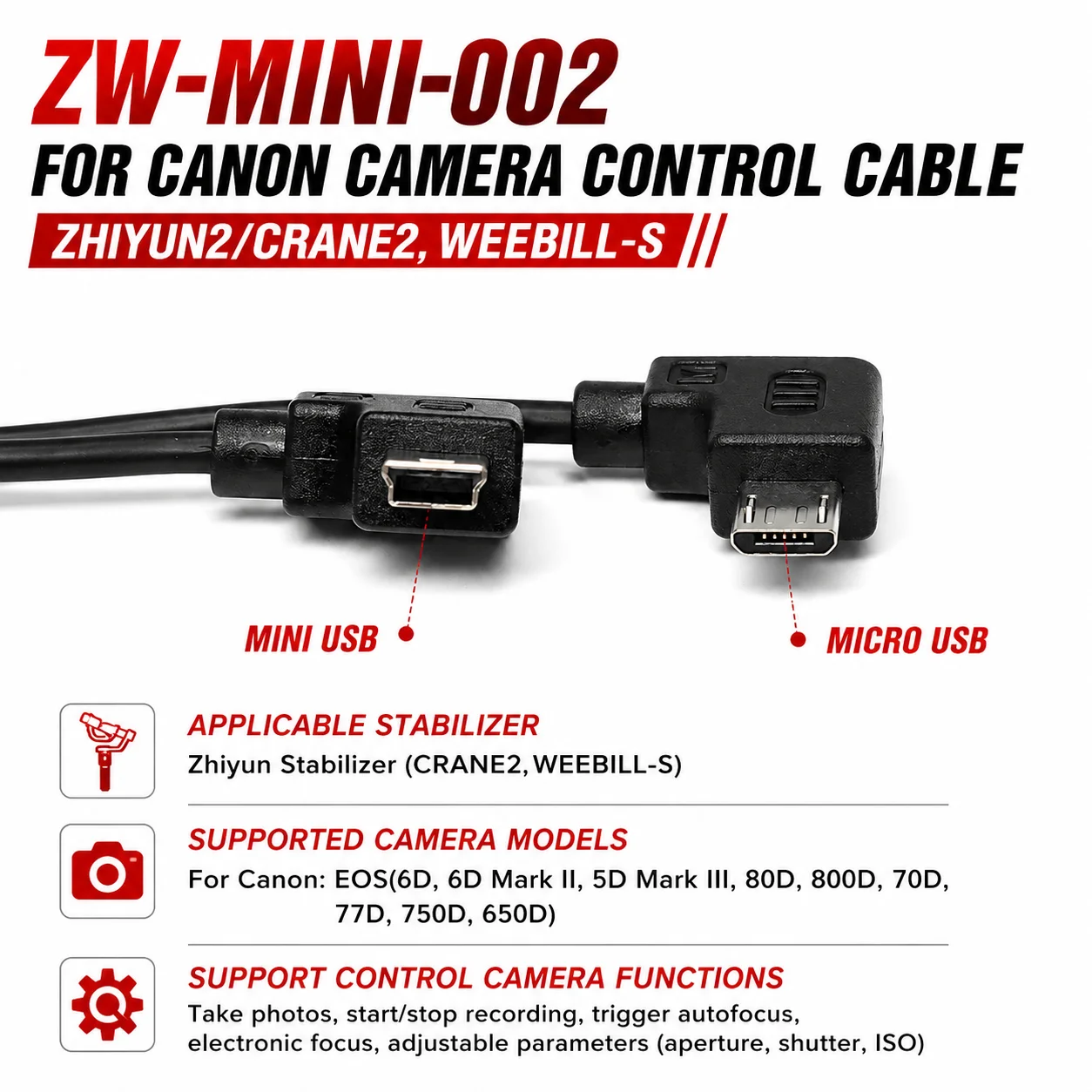 For Canon Cable For ZHIYUN Crane 2/ WEEBILL-S (Micro to Mini USB) Camera Control Cable EOS 6D,6D Mark II,80D Control Cable