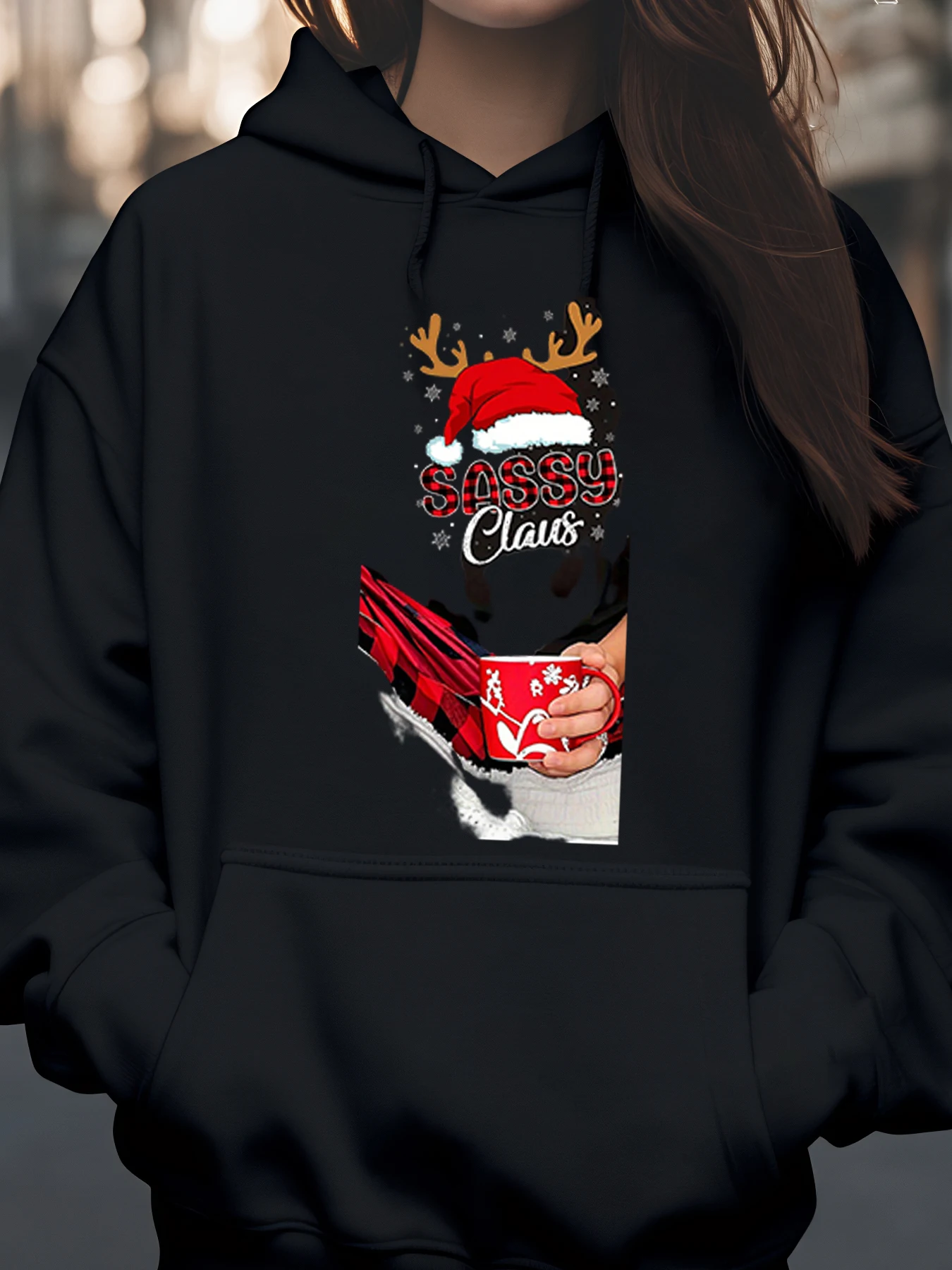 

Шапка Санта-Клауса с принтом оленей, рождественская толстовка с капюшоном, уютная праздничная одежда, женский повседневный свитер