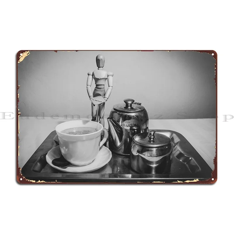 Manikin Having Tea Metal Plaque Poster Wall Mural Wall Plaque Garage Garage Designing Tin Sign Poster