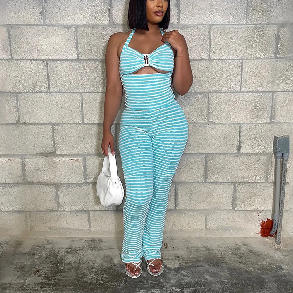 

2 Pieces Pants Sets for Woman Halter Tops & Long Trousers Striped Printed Fashion Elegant ladies Daily Wear Outfits Pants Sets