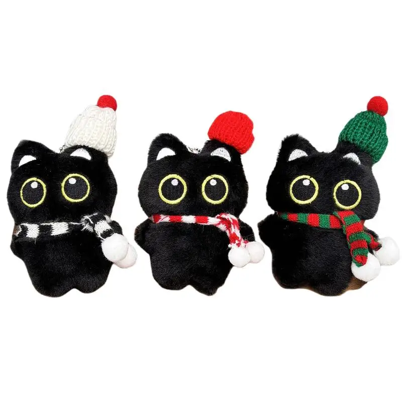 Cartone animato di Natale peluche gatto nero portachiavi zaino appeso decorazione Kawaii bambola di pezza morbida borsa giocattolo ciondolo regalo per coppie