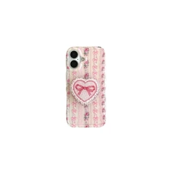 Vintage INS Pink Lace Pattern Heart Shape Stand Dual Layers IMD Phone Case for iPhone 16 15 14 13 Pro Max Back Phone Cover Capa